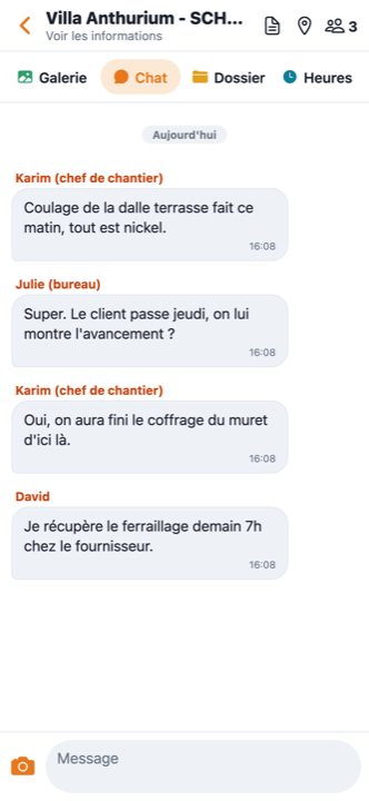 Le fil de discussion d'un chantier dans Cordée