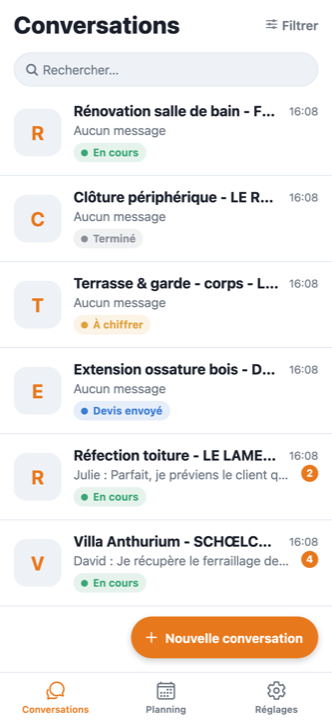 La liste des chantiers de l'équipe dans Cordée