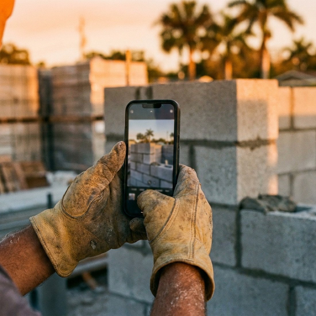 Un maçon photographie un mur fraîchement monté avec son téléphone